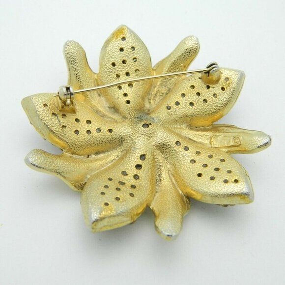 Topaz Glass Bead Rhinestone Large Gold Tone Flower - Picture 4 of 4